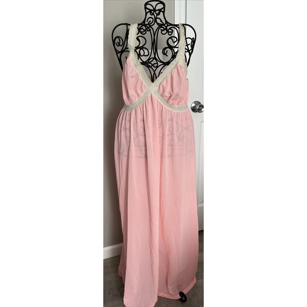 Vintage Snowdon Pink‎ Nylon Tricot Nightgown DressLace Sheer Panel